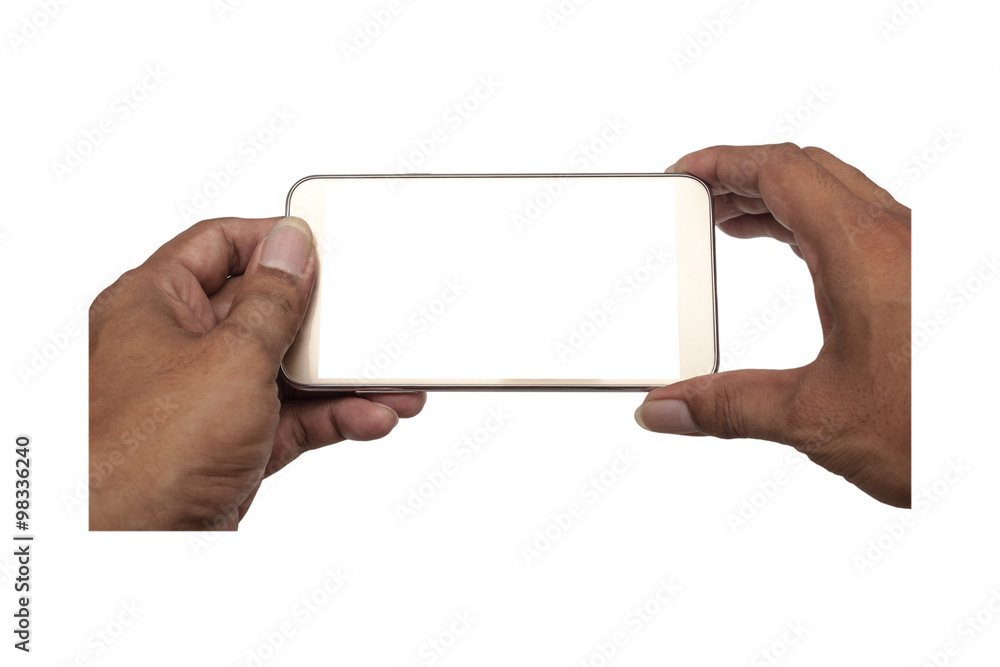 Smart phone white screen in hand isolated, Clipping path Smart phone white screen in hand isolated, Clipping path