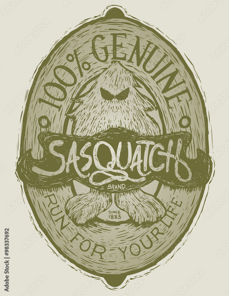 Woodcut-style label featuring an illustration of a sasquatch. Lettering ...