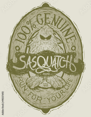 Woodcut-style label featuring an illustration of a sasquatch. Lettering is on a separate layer for editing.