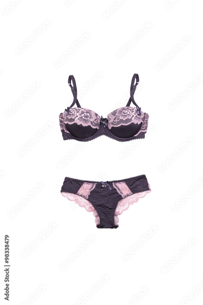 black panties and bra with pink lace on a white background Stock Photo