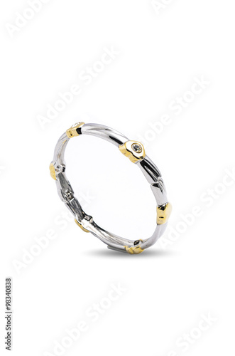 silver bracelet with gold hearts on a white background