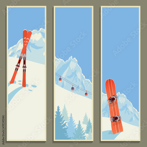Set of banners with retro winter landscape, vector illustration, eps10.