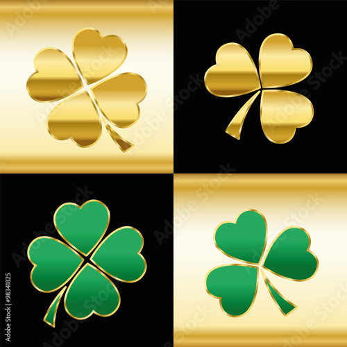 Golden and green shamrocks - pattern with three and four leaved clovers on gold and black square background. Vector illustration.
