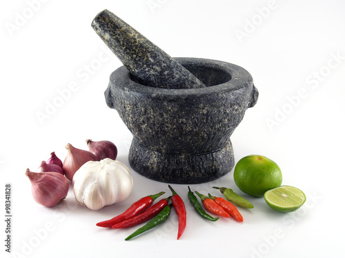 Cooking ingredients and kitchenware in thai food on white background