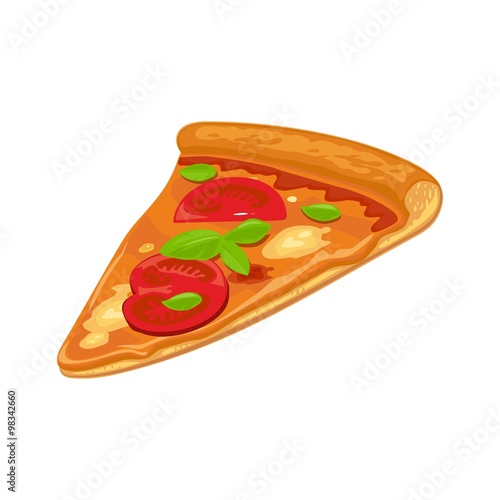 Slice of Margherita pizza hava. Isolated vector flat illustration for poster, menus, logotype, brochure, web and icon. White background.