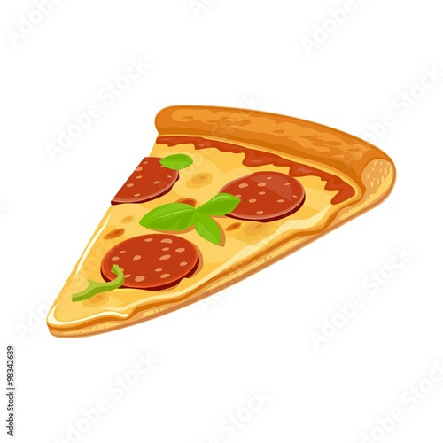 Slice of pizza pepperoni. Isolated vector flat illustration for poster, menus, logotype, brochure, web and icon. White background.