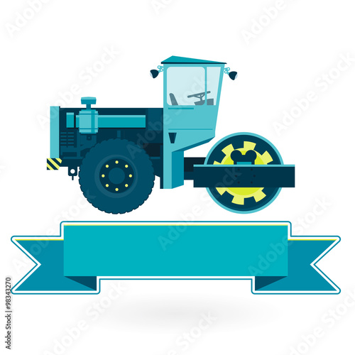 Blue  big roller builds roads. Big golden steamroller - roadroller. Construction and equipment element. Digging of sand, coal, waste rock and gravel. Master vector