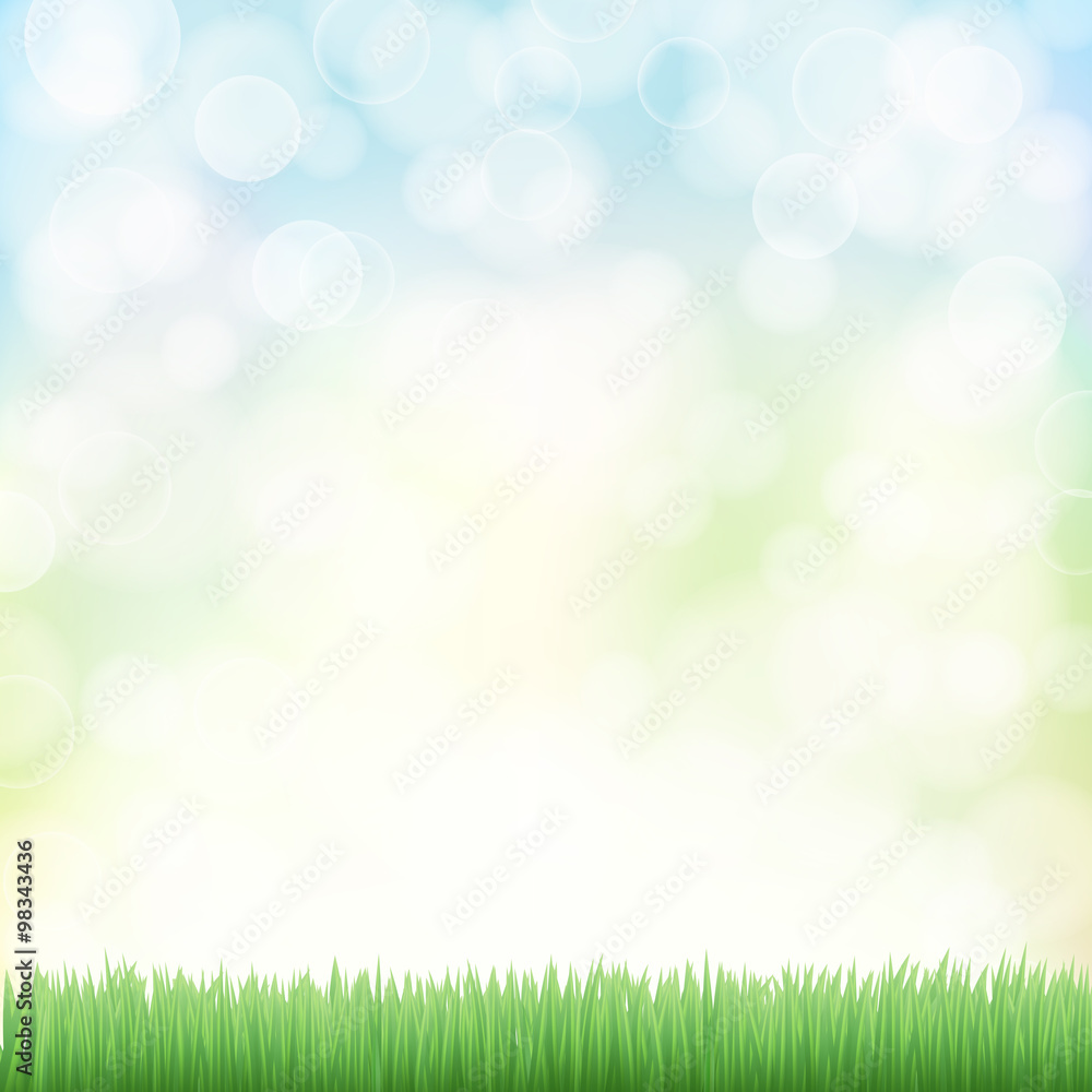 spring background with green grass and bokeh effects lights. vec