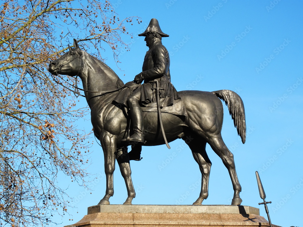 The Victorian bronze equestrian statue of the Duke of Wellington on his horse Copenhagen stands at Hyde Park Corner, London, England,UK. It was sculpted by Joseph Boehm and was unveiled in 1888 The Victorian bronze equestrian statue of the Duke of Wellington on his horse Copenhagen stands at Hyde Park Corner, London, England,UK. It was sculpted by Joseph Boehm and was unveiled in 1888
