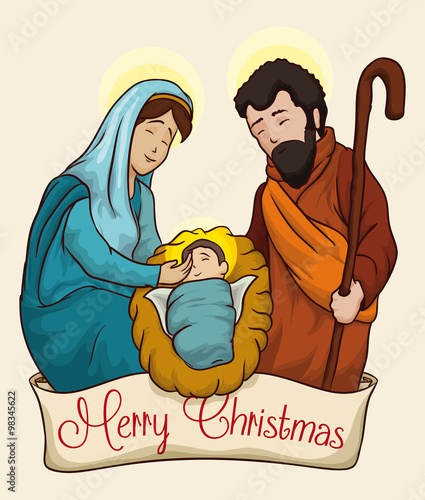 Colorful Christmas Nativity Scene of Baby Jesus, Vector Illustration