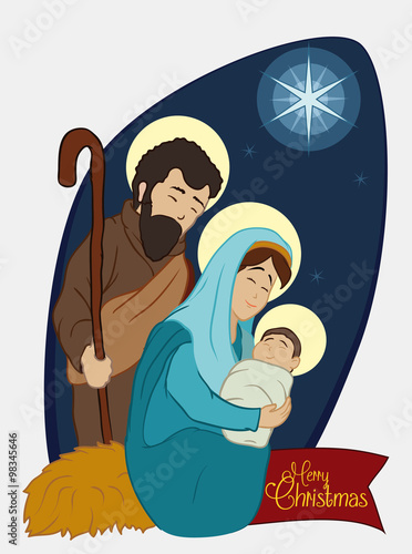 Christmas Nativity Scene with Holy Family under the Star Light, Vector Illustration