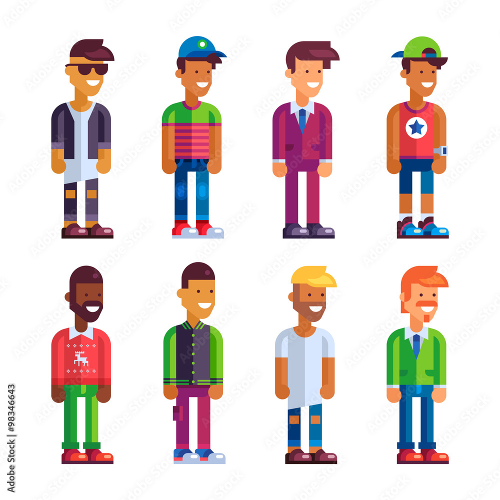 Set of male characters in flat design. Stock vector illustration.