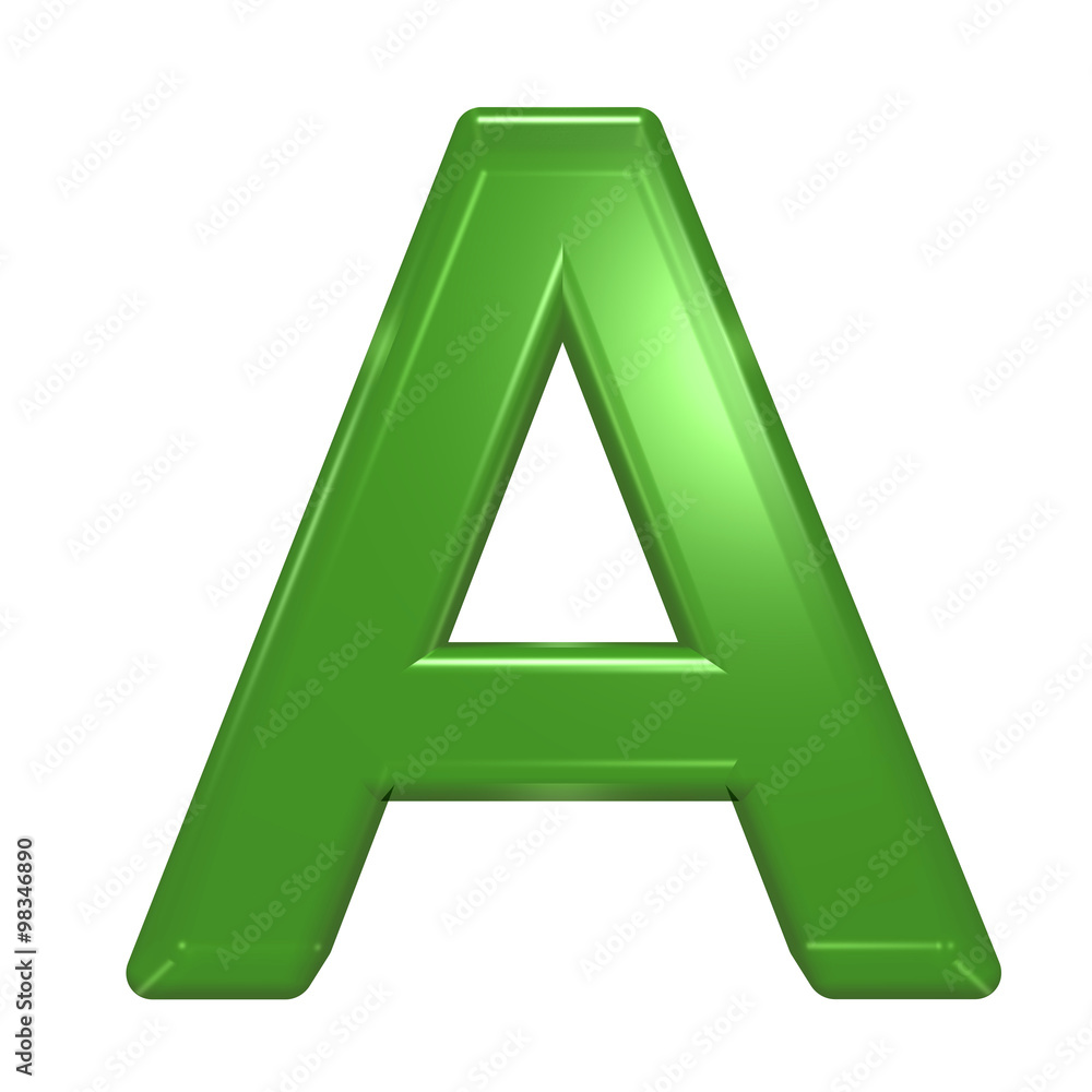 One letter from green glass alphabet set, isolated on white. Computer generated 3D photo rendering. One letter from green glass alphabet set, isolated on white. Computer generated 3D photo rendering.