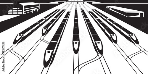 High-speed rail trains in perspective - vector illustration