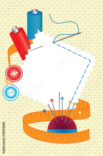 Thread, needles, scissors and other accessories for sewing. Vector illustration
