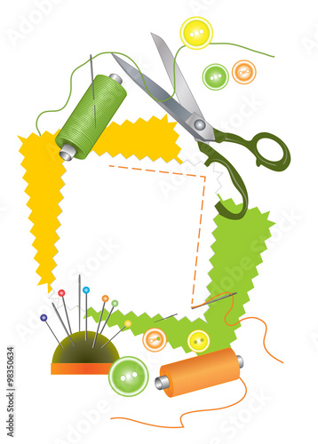 Thread, needles, scissors and other accessories for sewing. Vector illustration