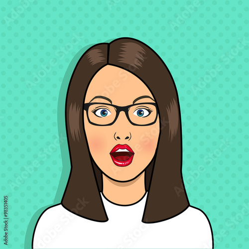 Pop art surprised woman face with open mouth. Sexy woman wear glasses. Vintage comic girl poster. Pop Art girl. Vector pop art poster.