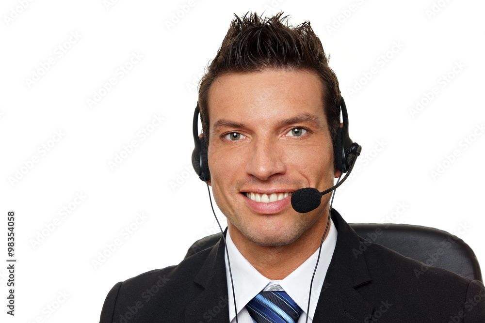 Handsome smiling customer service operator in white backgroung Handsome smiling customer service operator in white backgroung