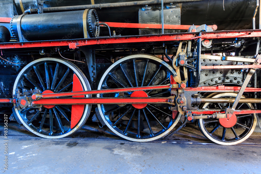 Old steam train wheels closeup