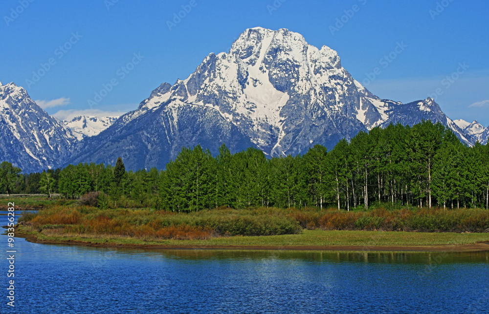 Mount Moran in front of Jenny Lake in Grand Tetons National Park in Wyoming USA