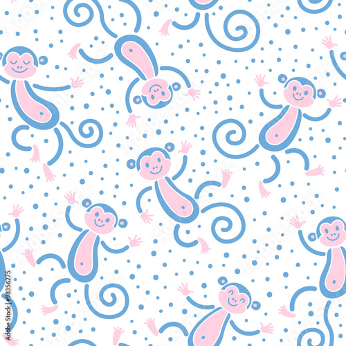 Seamless pattern with monkeys playing in snow winter. Vector illustration