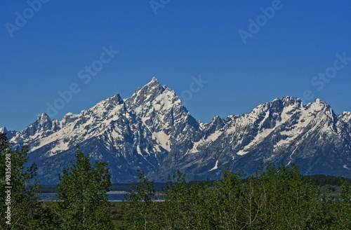 Grand Teton Mountains and Jenny Lake in Grand Tetons National Park in Wyoming USA