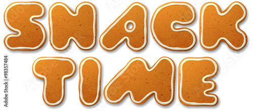Snack time. Vector inscription, decorated white icing, isolated on white