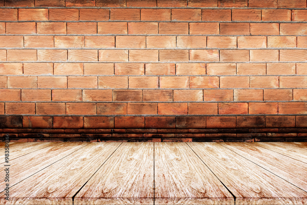  wooden floor with brick wall background