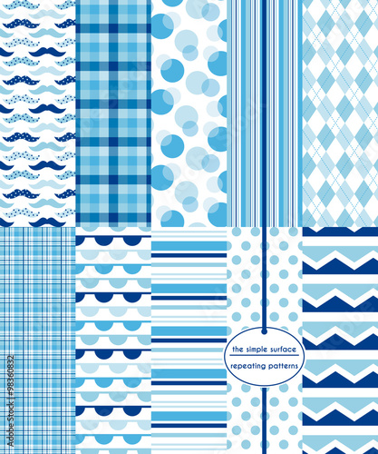 Baby boy navy and blue seamless pattern set. Repeating patterns for apparel, fabric, decor, gift wrap, background, scrapbooking and more. Mustache, polka dot, plaid, argyle, chevron and stripe print.