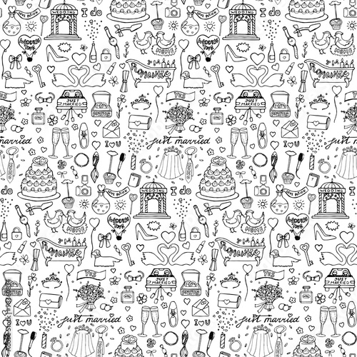 Seamless wedding hand drawn doodle pattern