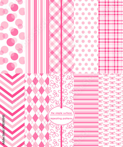 Baby girl pink seamless pattern set. Repeating patterns for baby shower, background, fabric, apparel, decor, gift wrap and more. Butterfly, argyle, polka dot, flower, chevron, stripe and plaid prints.