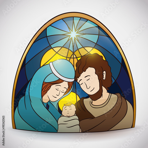Colorful Holy Family Portrait Stained Glass, Vector Illustration