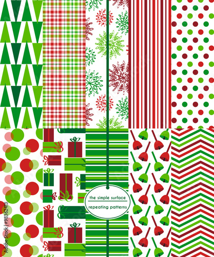 10 seamless Christmas patterns. Repeating patterns for greeting cards, gift wrap, wrapping paper and more. Red and green holiday patterns. Polka dots, plaids, stripes, chevrons and more.