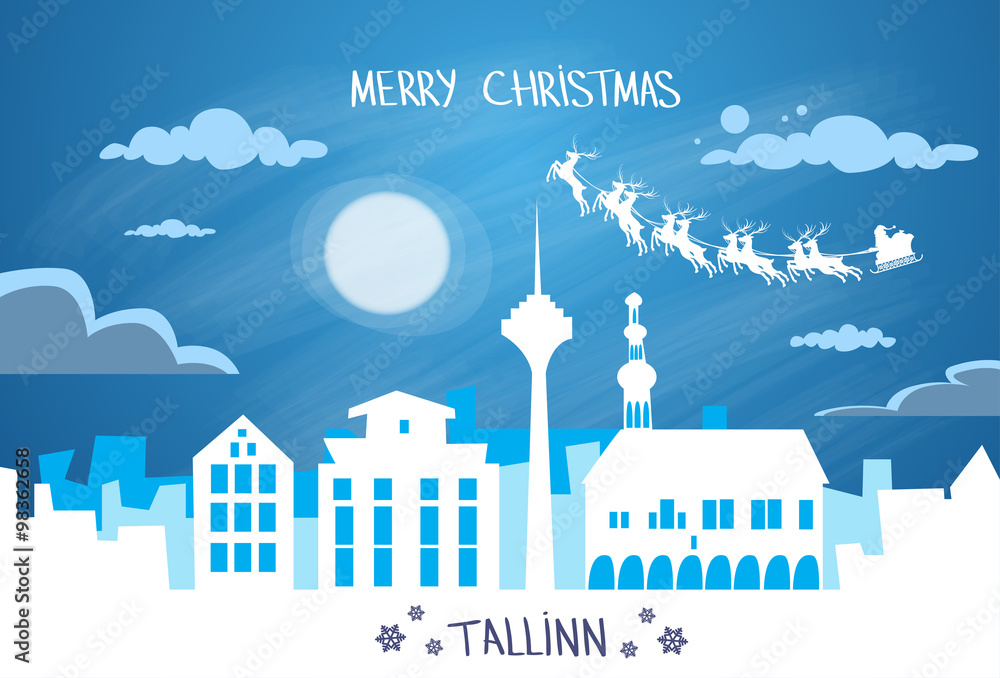 Santa Claus Sleigh Reindeer Fly Estonia Sky over Tallinn City Silhouette Night