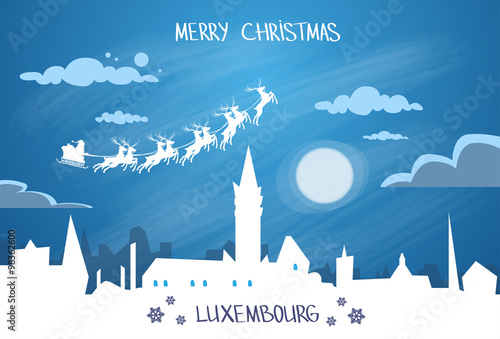 Santa Claus Sleigh Reindeer Fly Sky over Luxembourg City Silhouette Night