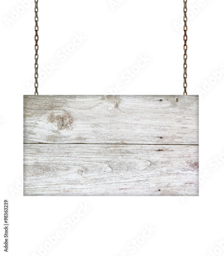 Wood sign from a chain isolated on white photo