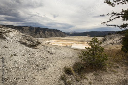 Travertine terraces at Mammoth Hot Springs in Wyoming  are dry from drought.