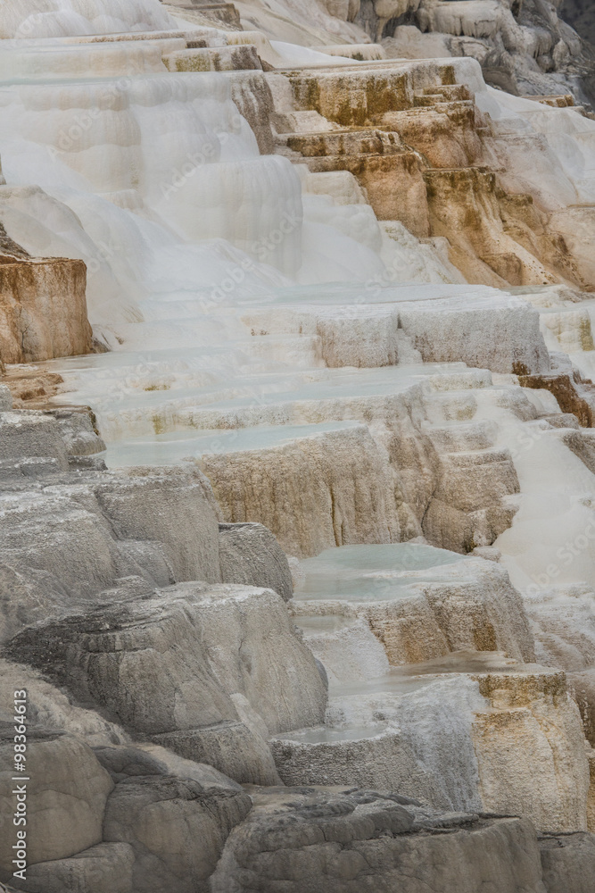 Terraces and aqual pools at Mammoth Hot Springs, Yellowstone Park, Wyoming.