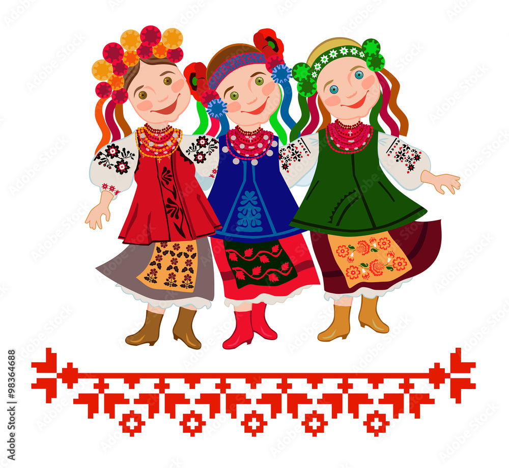 Three girls in the Ukrainian national costumes dance
