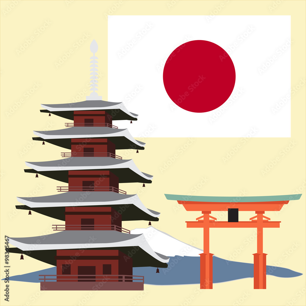 Fototapeta Japanese multi-store pagoda and flag