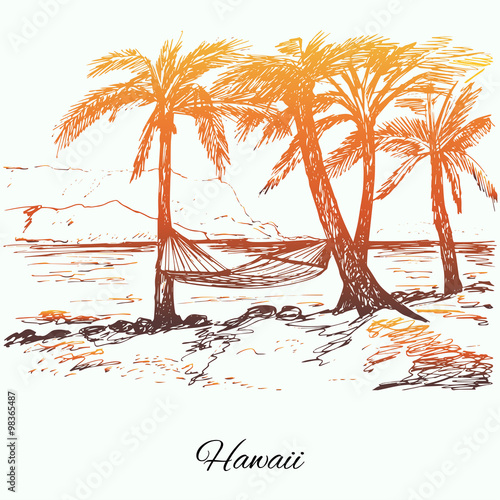 Hand drawn hammock around palm trees