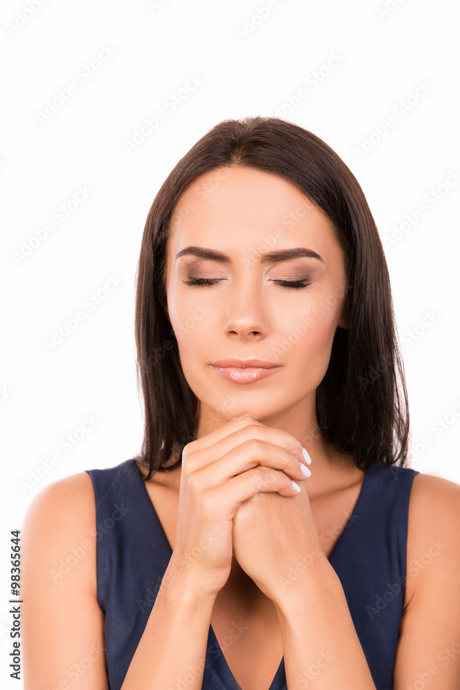 Scared pretty woman waiting for special moment and praying Scared pretty woman waiting for special moment and praying