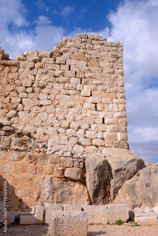 Stone ancient inscription at Nimrod fortress Stone ancient inscription at Nimrod fortress