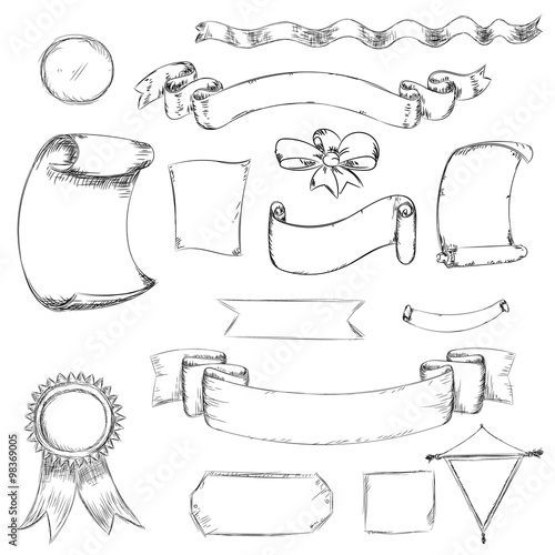 Ribbon and bow in sketch. Doodle sketch labels and shape in vect