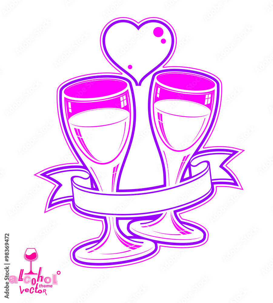 Two wineglasses vector artistic illustration, wedding couple