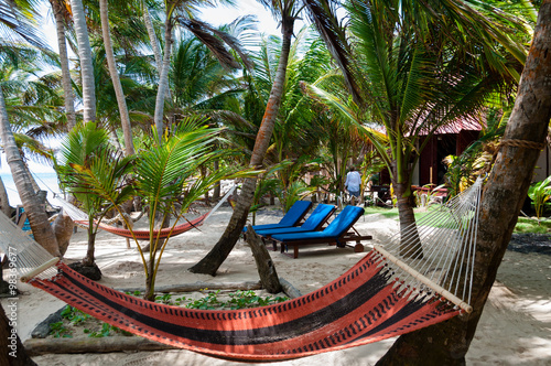 Hammocks and lounger in a Resort Under Coconut Tree Shades at the caribbean white sand beach on Corn Island