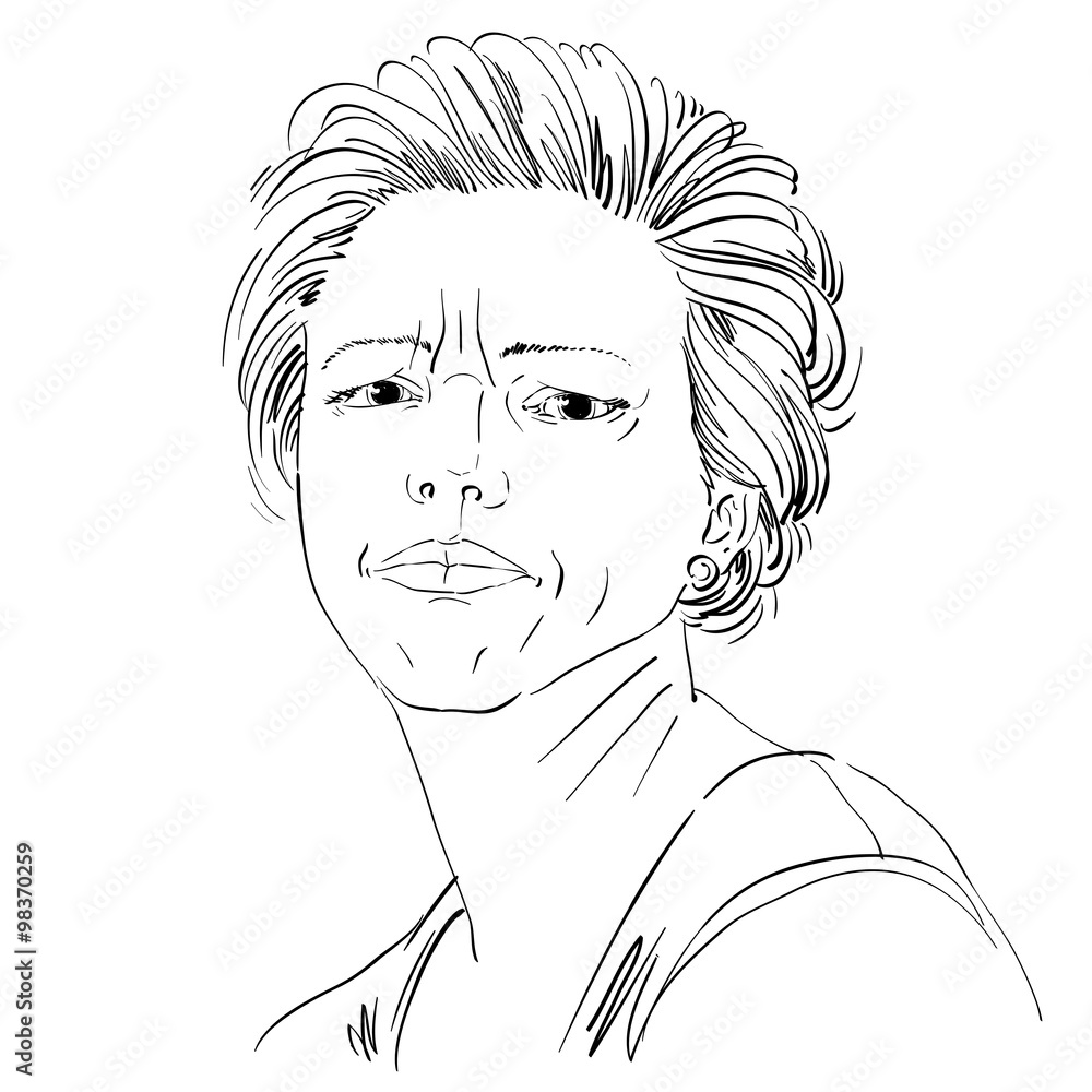 Vector drawing of angry woman with stylish haircut. Black and wh Vector drawing of angry woman with stylish haircut. Black and wh