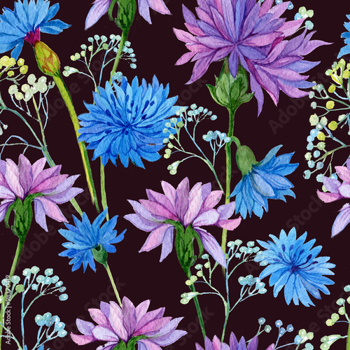 seamless pattern. watercolor blue flowers 