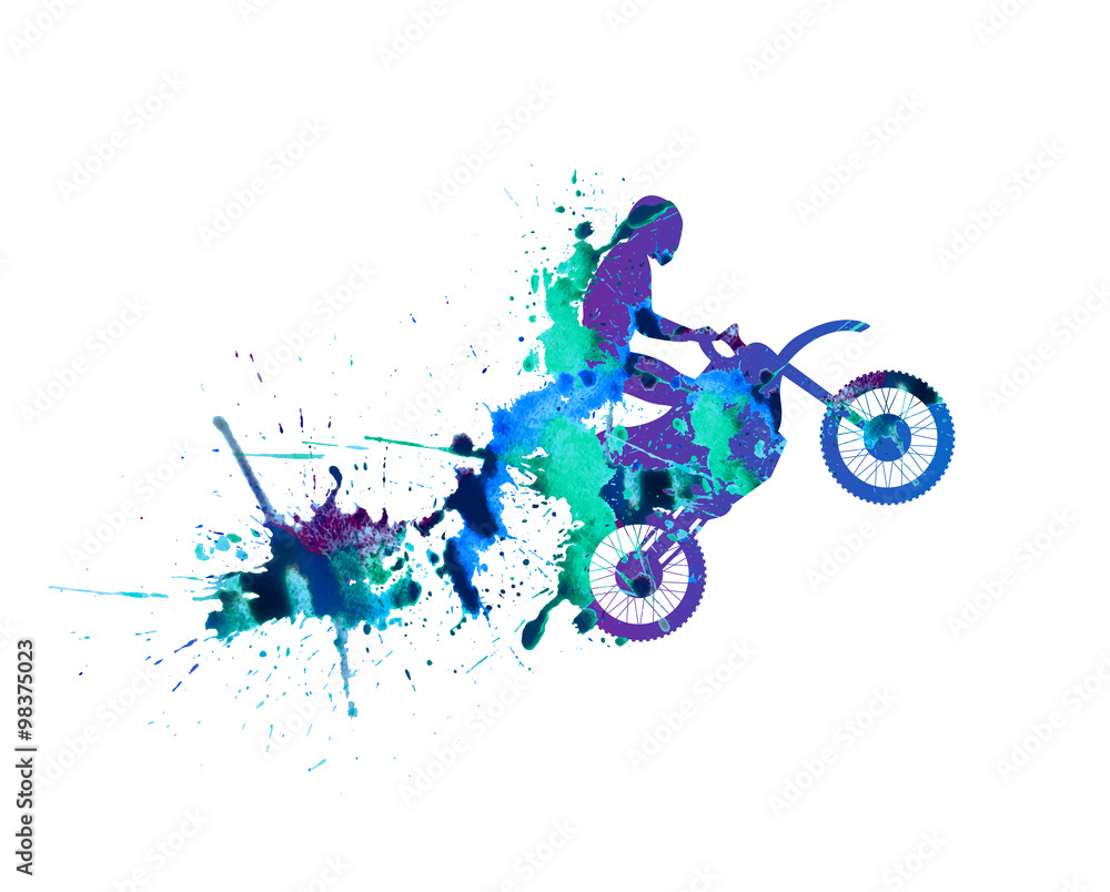 Obraz Ilustracji wektorowych: motocyklista. Rozpyl farbę akwarelową na białym tle