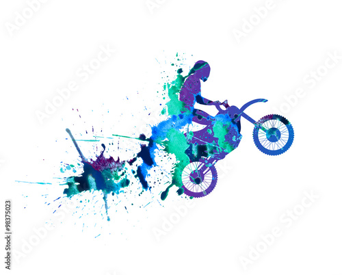 Obraz na płótnie Ilustracji wektorowych: motocyklista. Rozpyl farbę akwarelową na białym tle